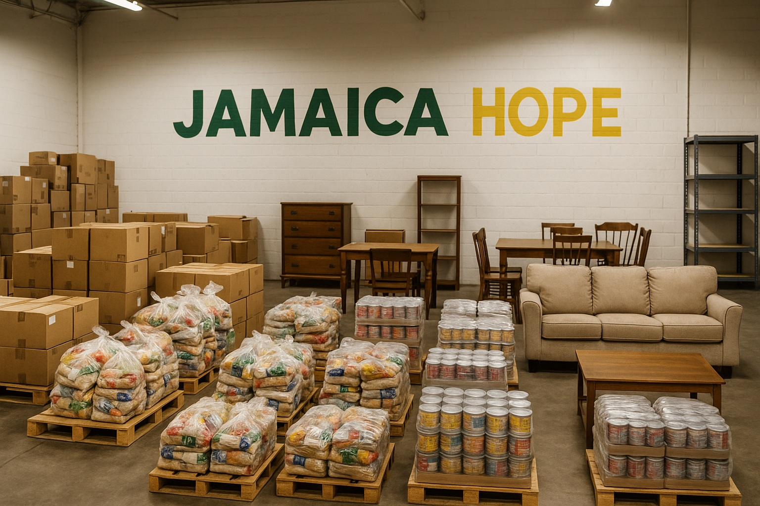 Warehouse with food and furniture prepared for shipment